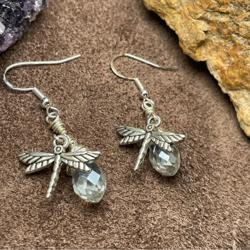 Handmade Silver Sparkling 
Crystal Dragonfly 
Earrings Boho Cottagecore - Picture 5 of 17